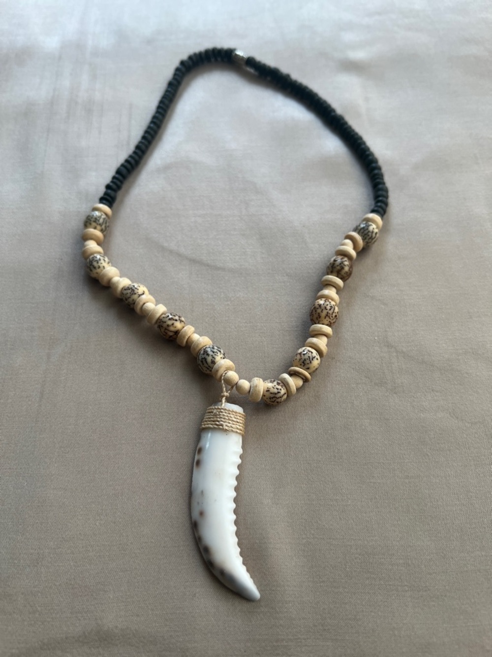 Unisex Natural Beige & Black Beaded Necklace with White Horn Pendant